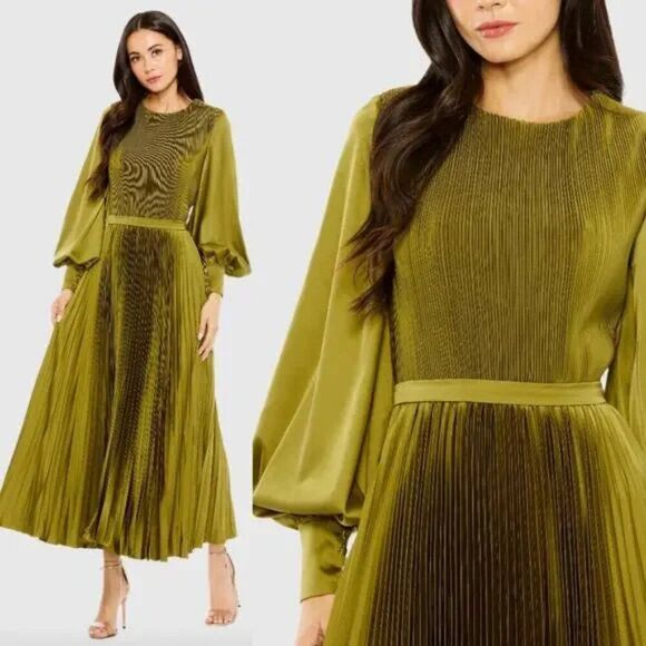 Mac Duggal 49718 Size 12 Green Long Bishop Sleeve High Neck Pleated Midi Dress - Picture 1 of 4